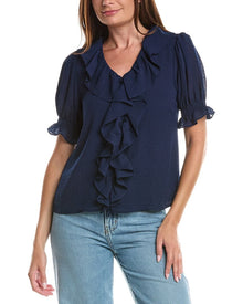 CeCe | Womens | Ruffle Bubble Crepe Top | Navy