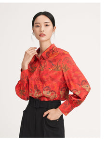Chinese-style Printed Belted Blouse | Red