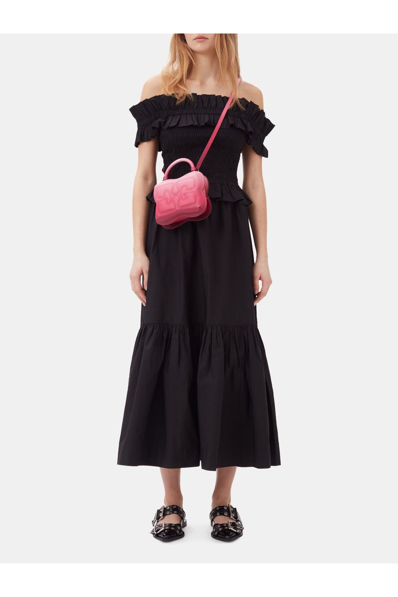 Cotton Poplin Off Shoulder Smock Top | Black