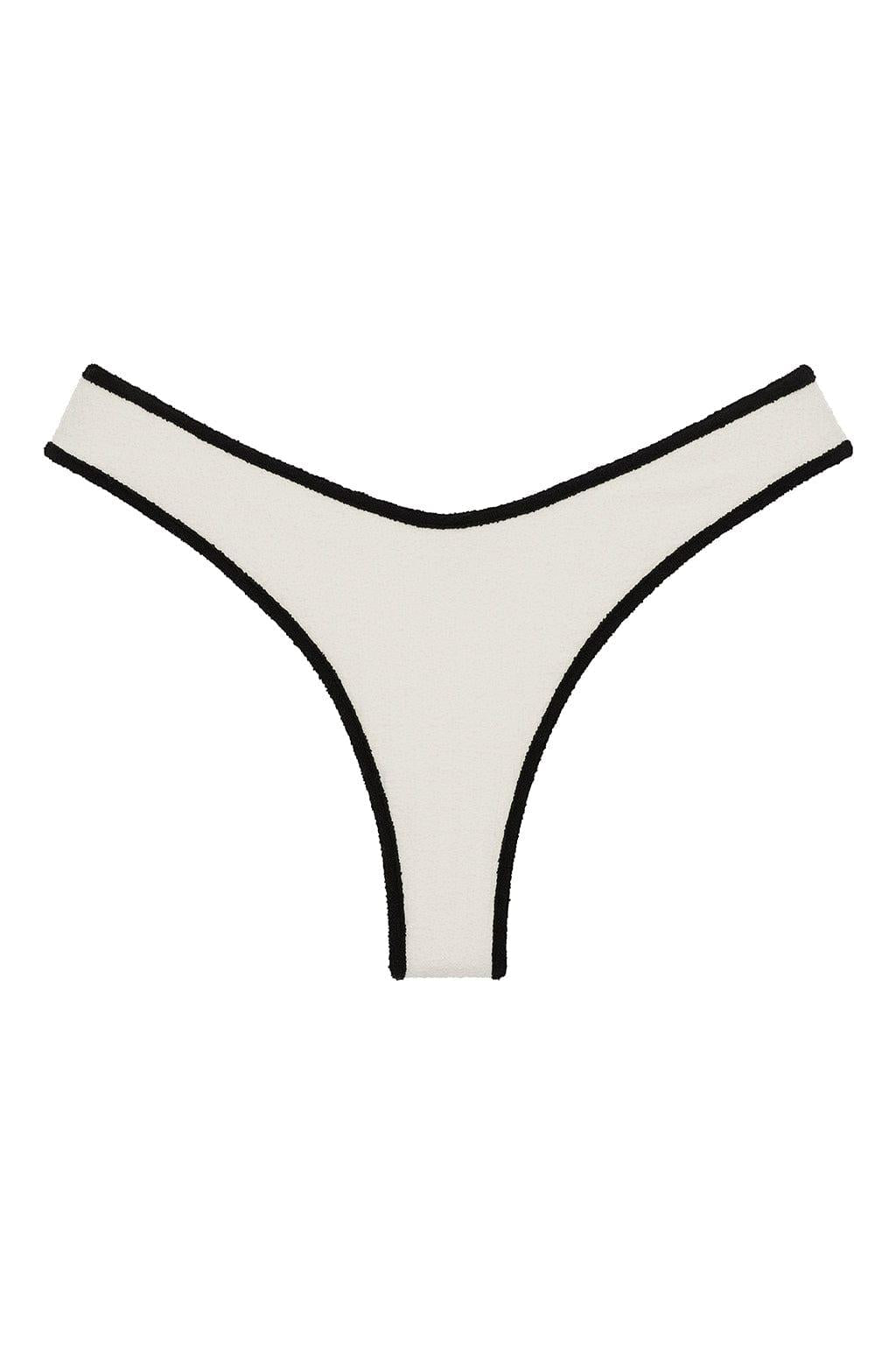 Cream bikini bottom with black binding trim on edges and waistband.