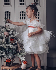 Constanza White Ceremony  Dress with Red Bow | Red