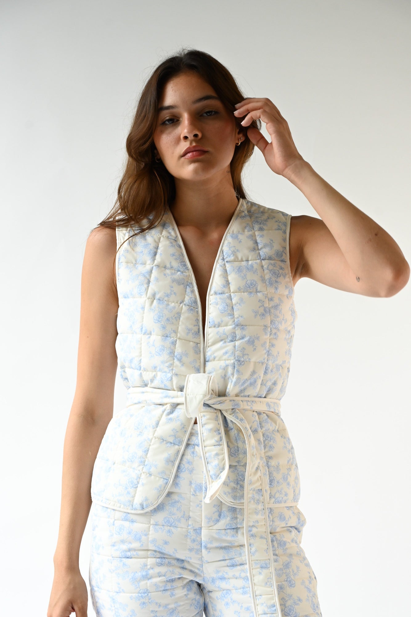Carrington Quilted Wrap Vest | Blue Toile