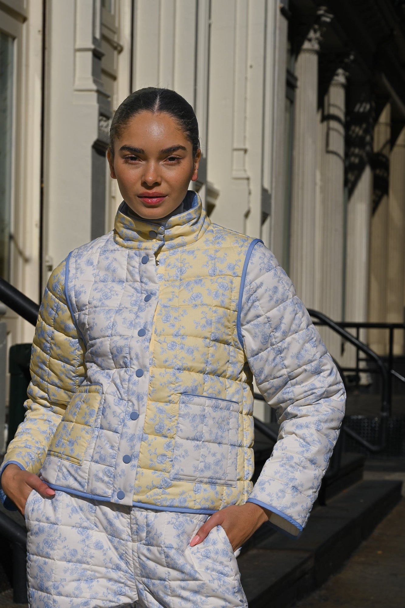Amelia Quilted Convertible Jacket | Colorblock Toile