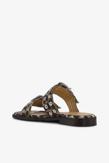 Denim Feminine Buckle Two Strap Sandals | Leopard