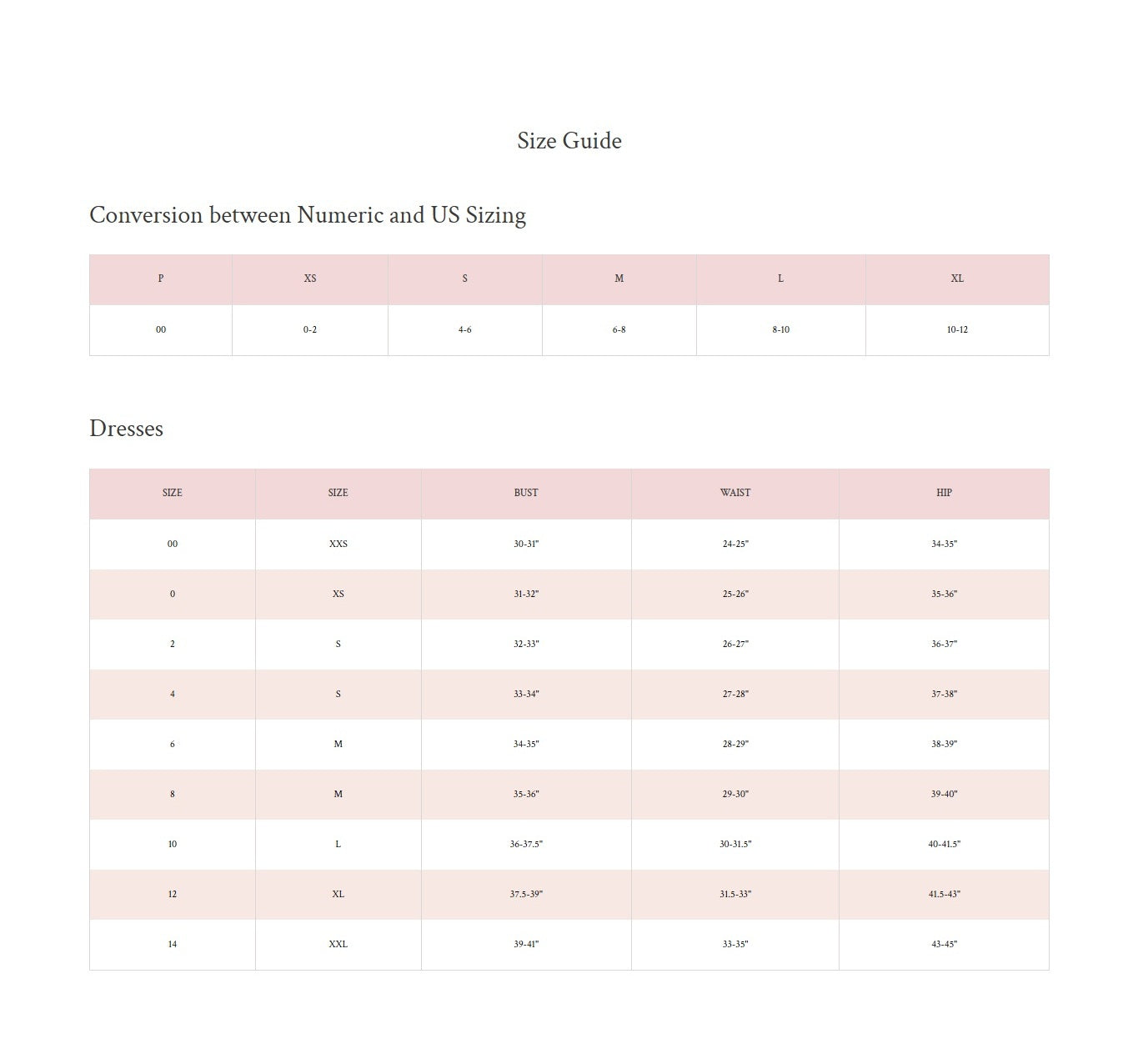 Product size guide