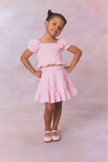 Pink gingham three tiered ruffle skirt, with elastic waistband for girls.