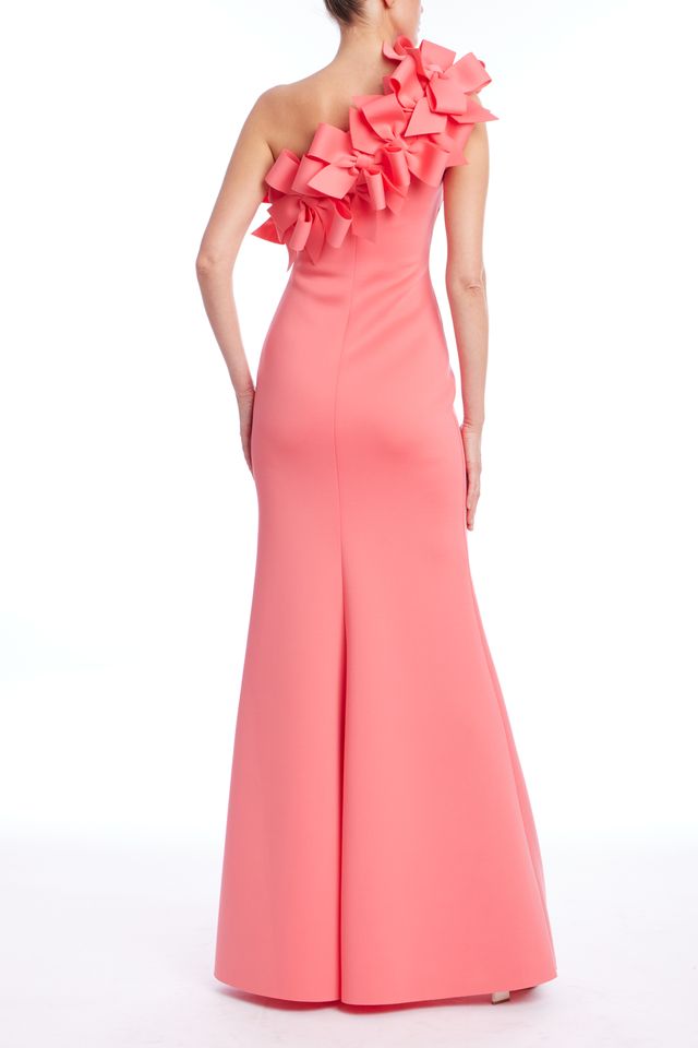 Badgley Mischka | 3D Bow One Shoulder Column Gown | Coral