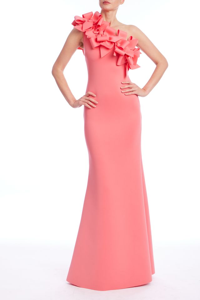 Badgley Mischka | 3D Bow One Shoulder Column Gown | Coral
