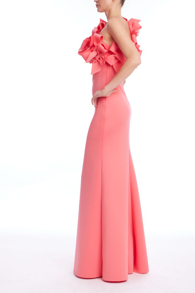 Badgley Mischka | 3D Bow One Shoulder Column Gown | Coral