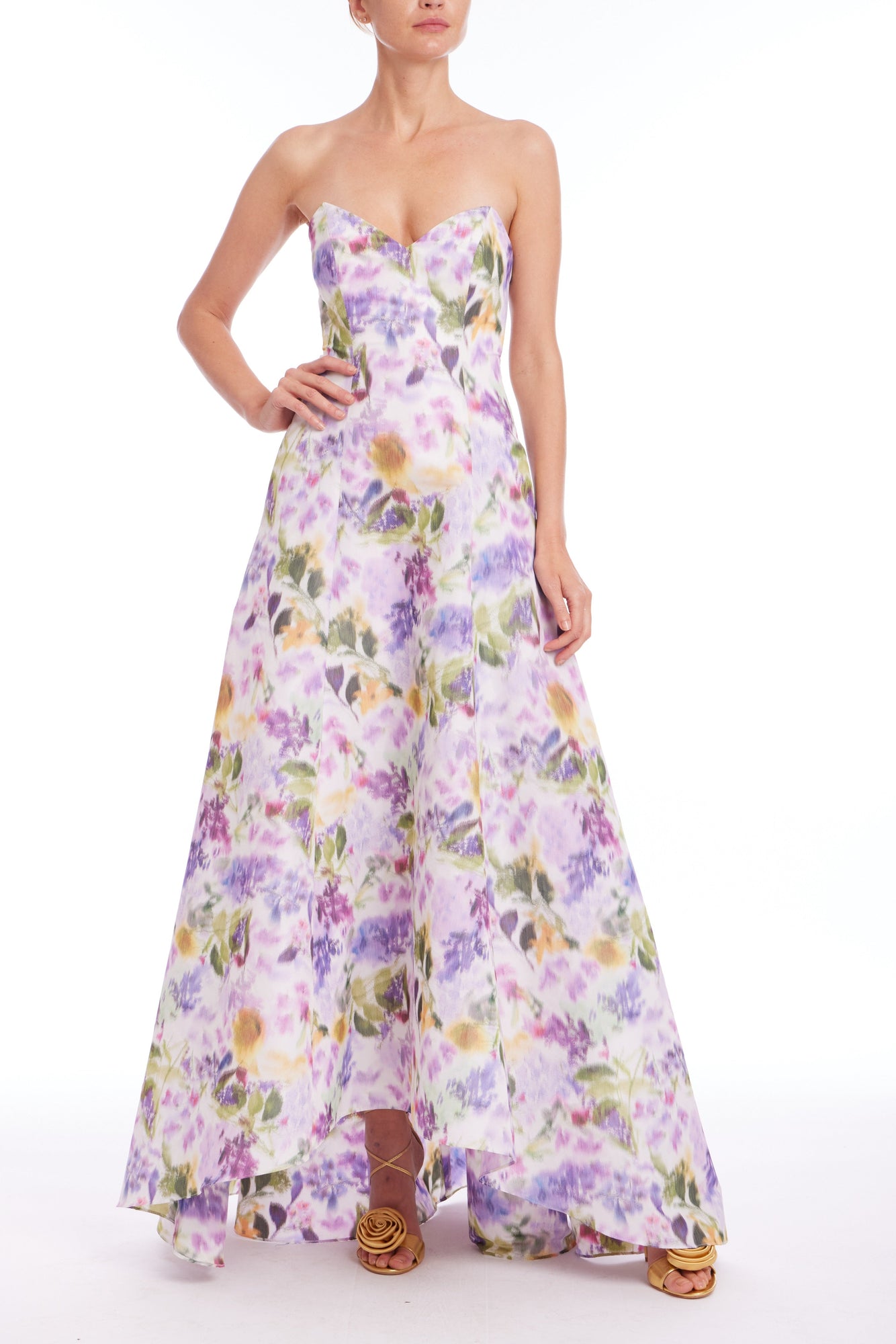 Badgley Mischka | Strapless Printed High Low Gown | Lilac Multi