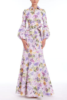 Badgley Mischka | Floral Long Sleeve Shirt Gown | Lilac Multi