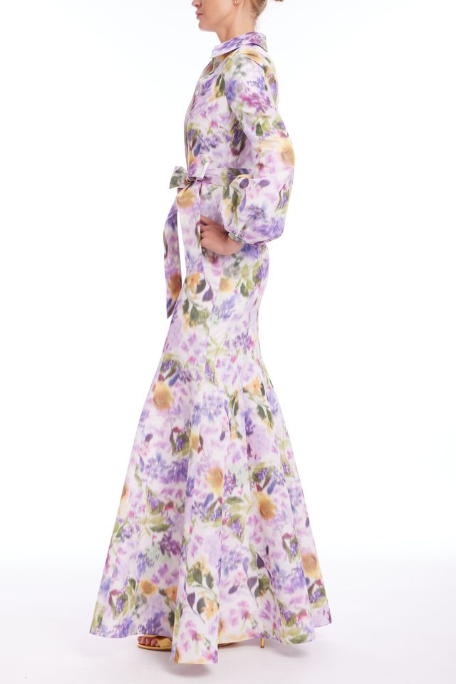 Badgley Mischka | Floral Long Sleeve Shirt Gown | Lilac Multi
