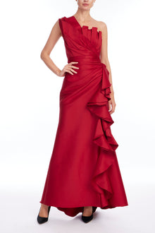 Badgley Mischka | Cascade Ruffle One-Shoulder Mikado Gown | Red