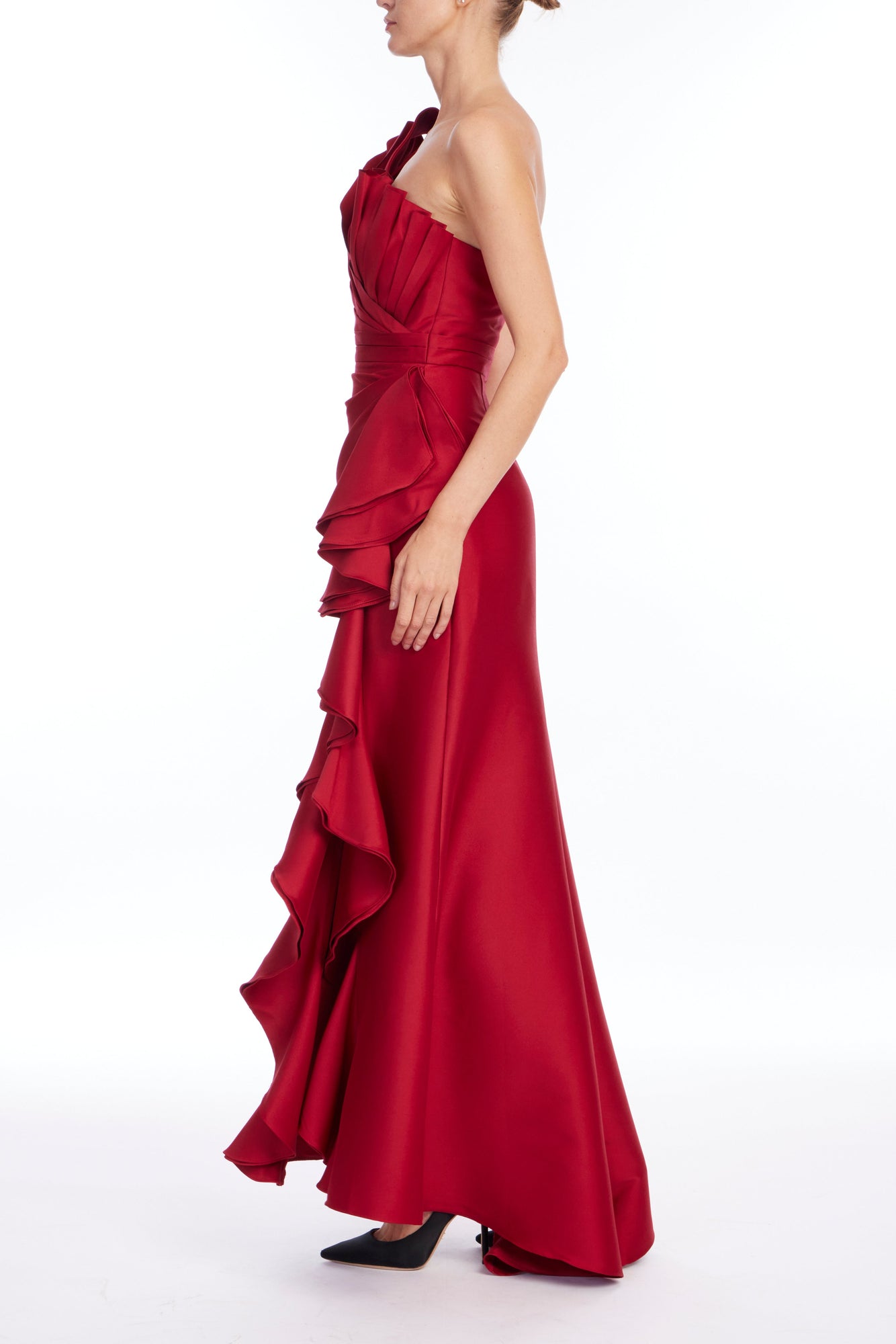 Badgley Mischka | Cascade Ruffle One-Shoulder Mikado Gown | Red
