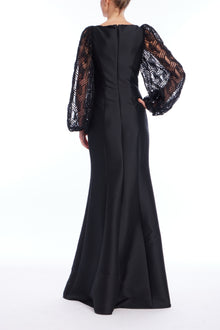 Badgley Mischka | Black Stretch Mikado Gown with Lace Balloon Sleeves | Black