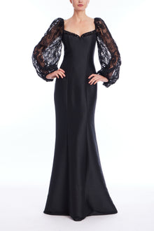 Badgley Mischka | Black Stretch Mikado Gown with Lace Balloon Sleeves | Black