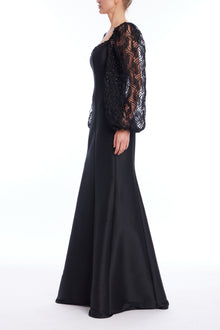 Badgley Mischka | Black Stretch Mikado Gown with Lace Balloon Sleeves | Black