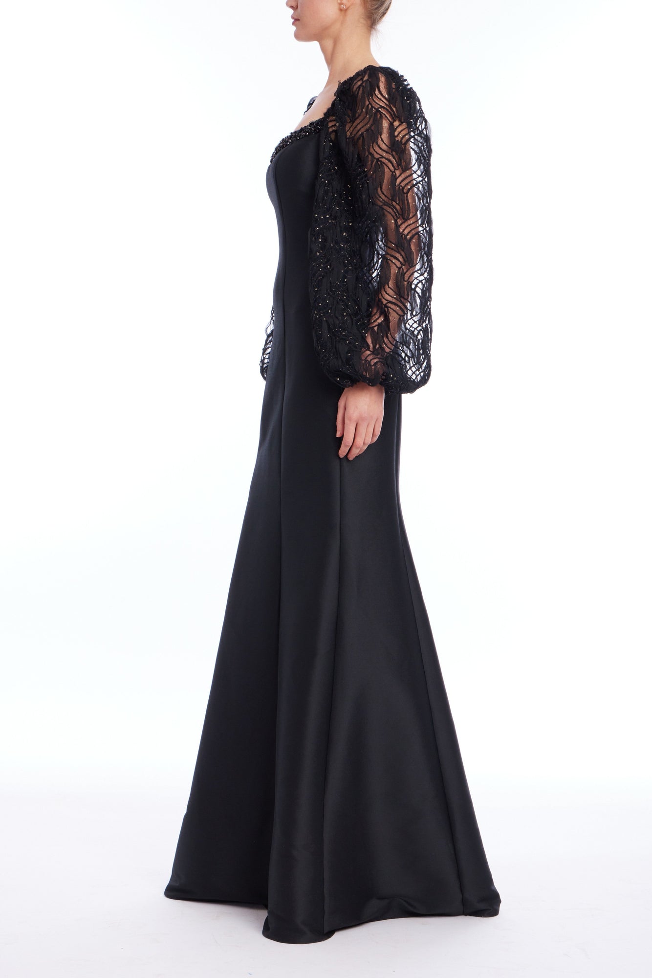 Badgley Mischka | Black Stretch Mikado Gown with Lace Balloon Sleeves | Black