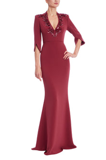 Badgley Mischka | Embellished Plunge-Neck Gown with Split Bell Sleeves | Burgundy