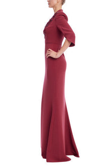 Badgley Mischka | Embellished Plunge-Neck Gown with Split Bell Sleeves | Burgundy