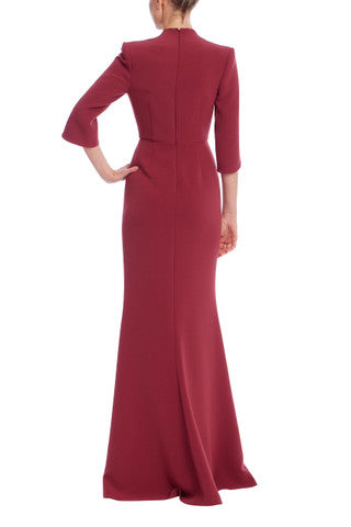 Badgley Mischka | Embellished Plunge-Neck Gown with Split Bell Sleeves | Burgundy