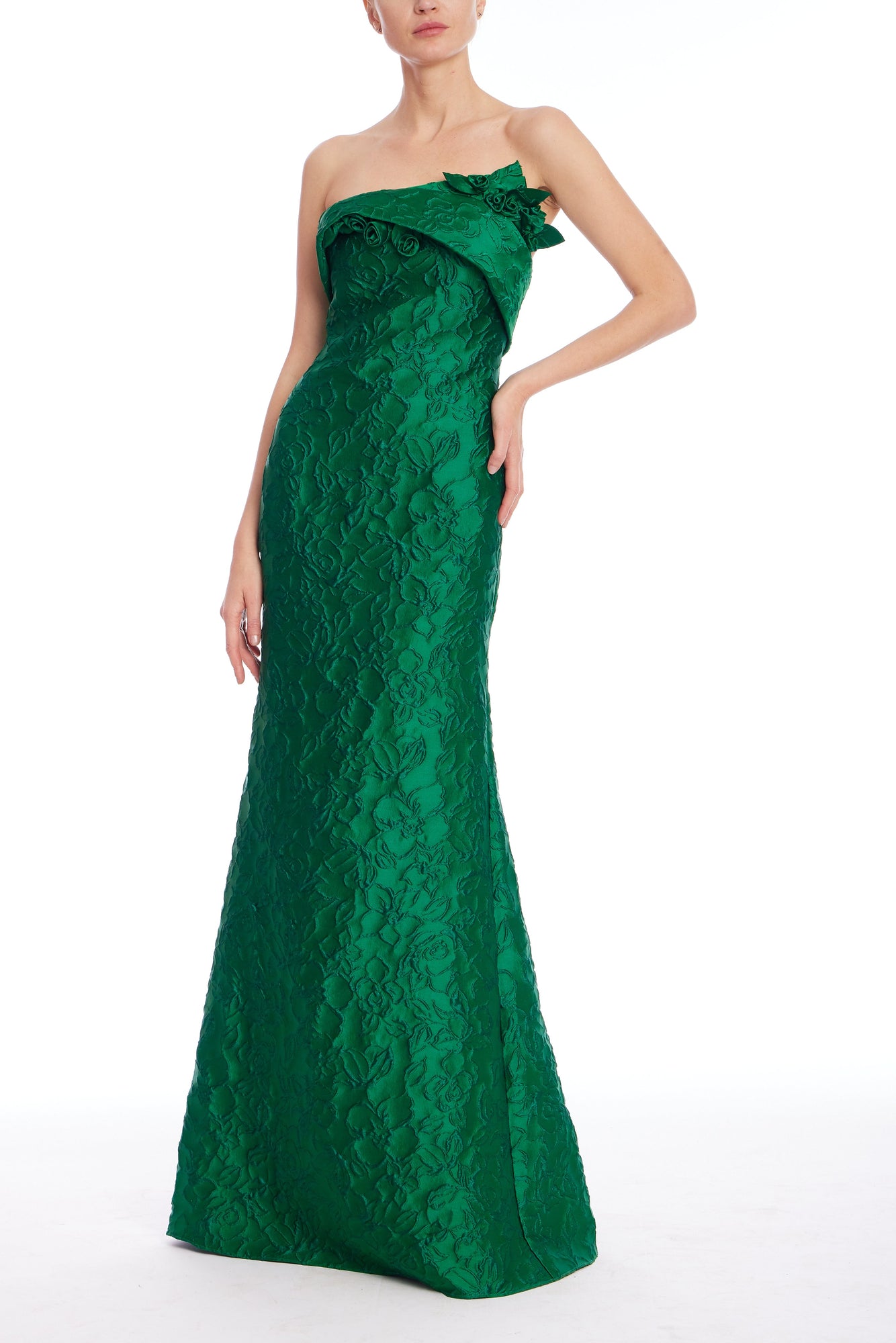 Badgley Mischka | Emerald Green Strapless Floral Jacquard Mermaid Gown | Emerald