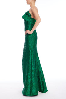 Badgley Mischka | Emerald Green Strapless Floral Jacquard Mermaid Gown | Emerald