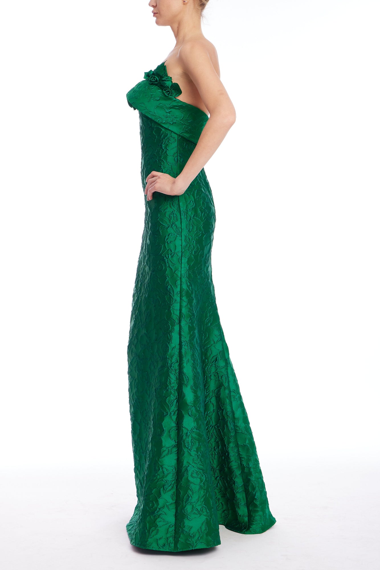 Badgley Mischka | Emerald Green Strapless Floral Jacquard Mermaid Gown | Emerald