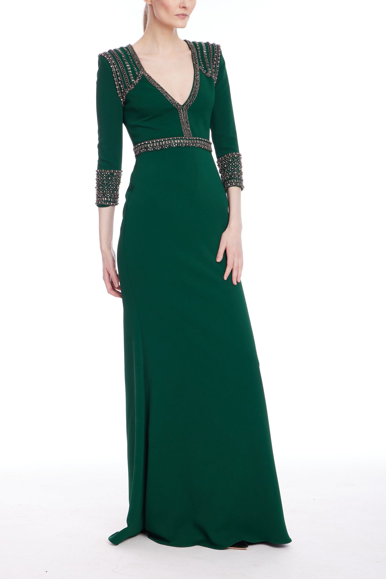 Badgley Mischka | Long Sleeve Beaded Bodice Gown | Dark Emerald