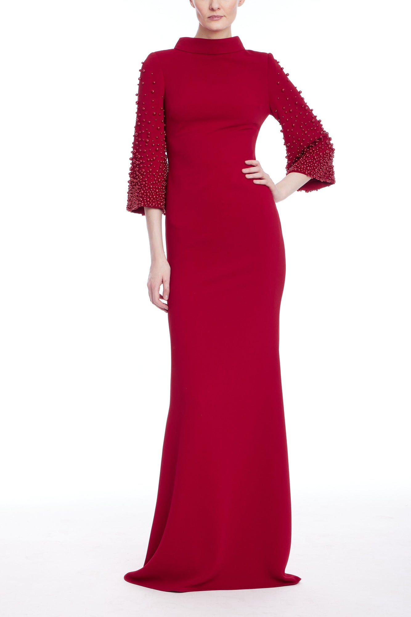 Badgley Mischka | Pearl Sleeve Mock Neck Gown | Ruby