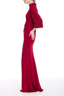 Badgley Mischka | Pearl Sleeve Mock Neck Gown | Ruby