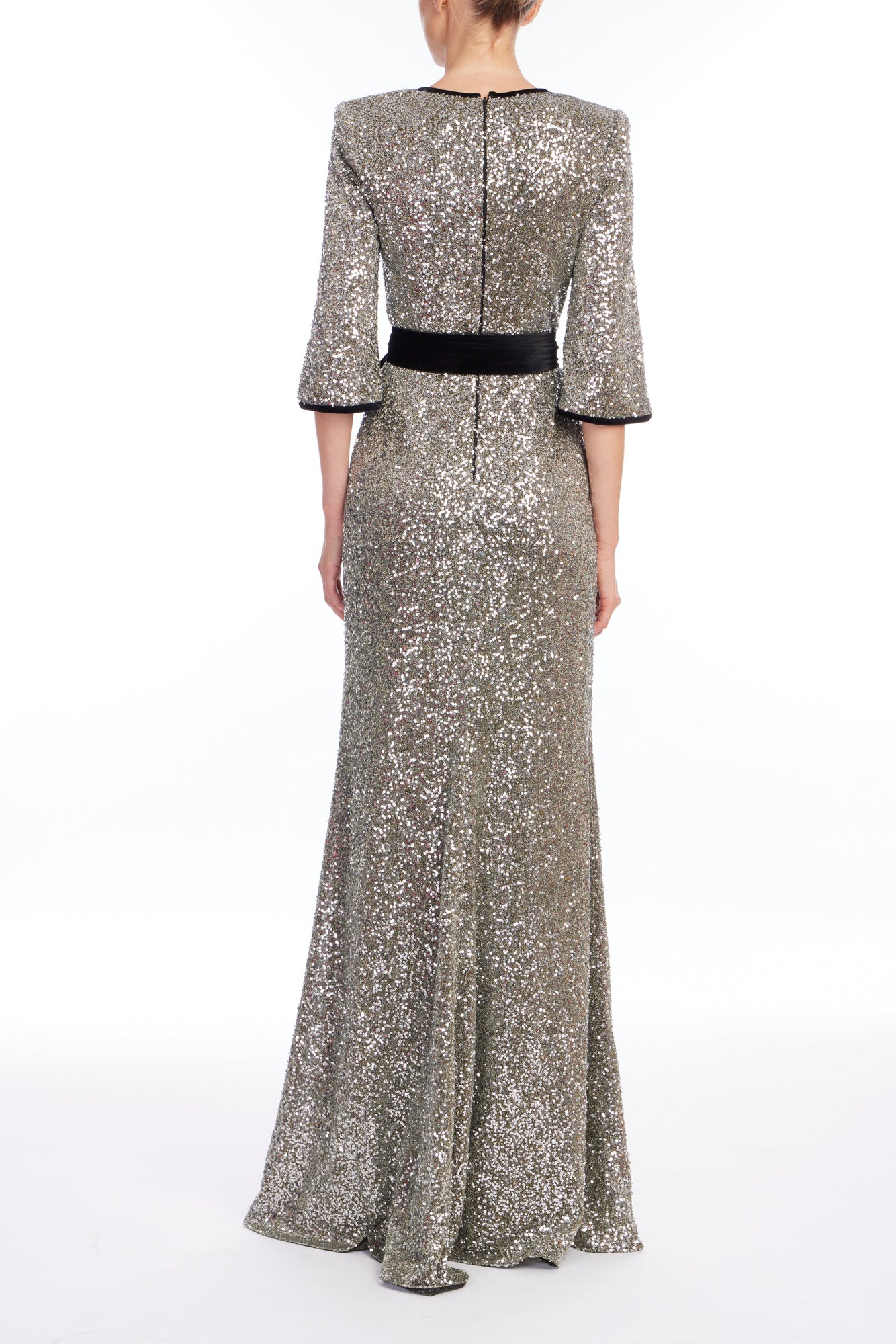 Badgley Mischka | Velvet Trim Sequin Gown | Gunmetal