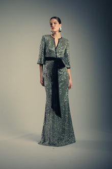 Badgley Mischka | Velvet Trim Sequin Gown | Gunmetal
