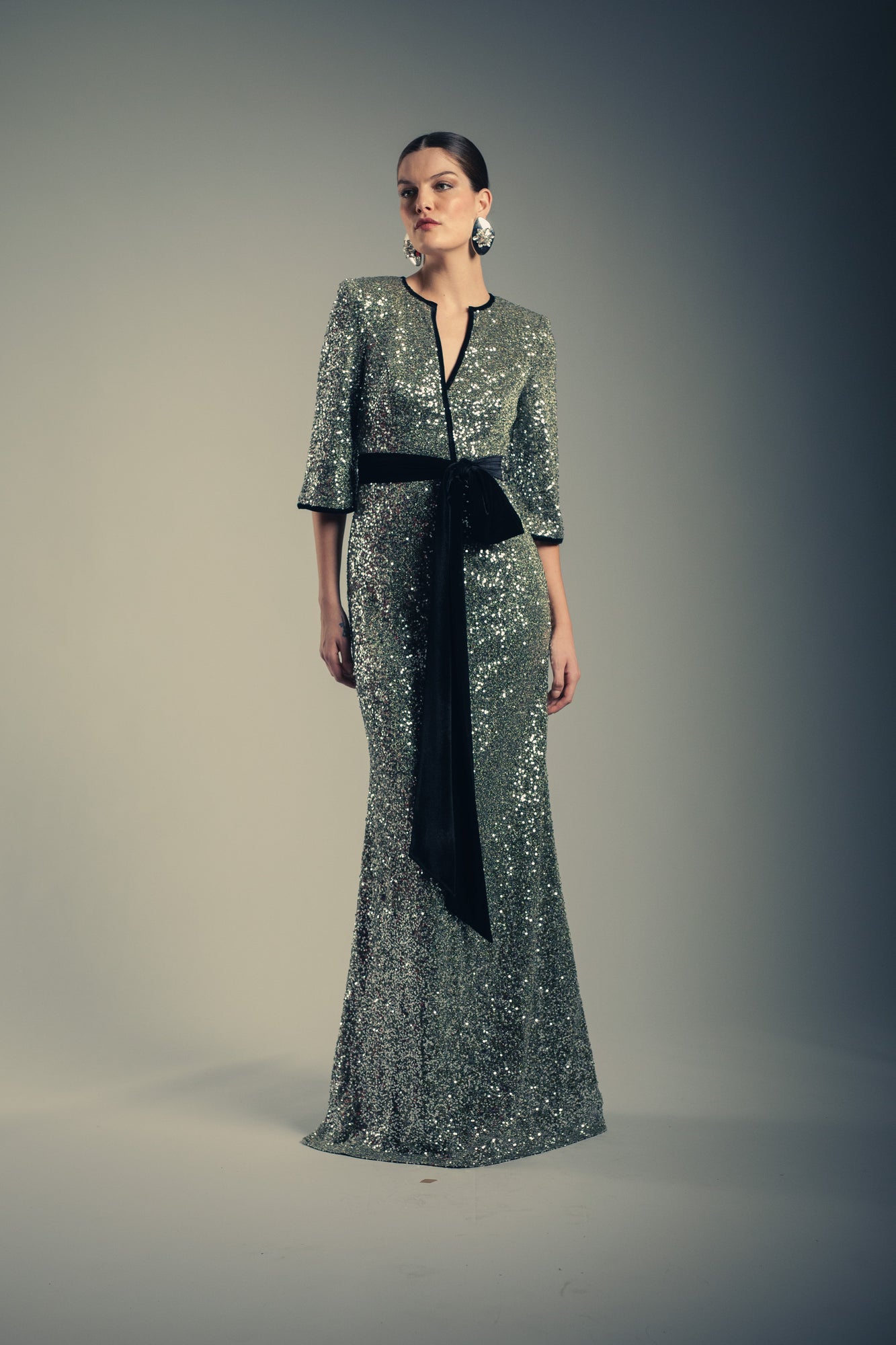 Badgley Mischka | Velvet Trim Sequin Gown | Gunmetal