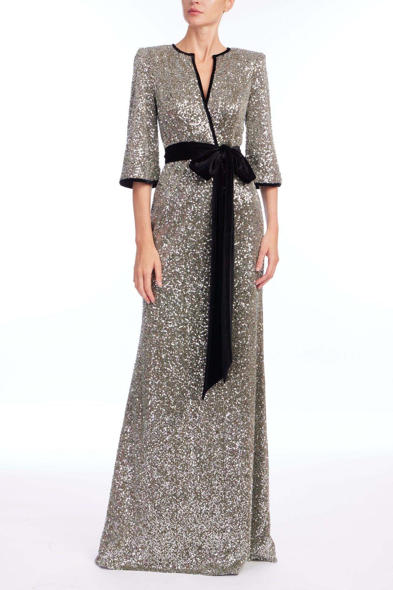 Badgley Mischka | Velvet Trim Sequin Gown | Gunmetal