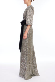 Badgley Mischka | Velvet Trim Sequin Gown | Gunmetal