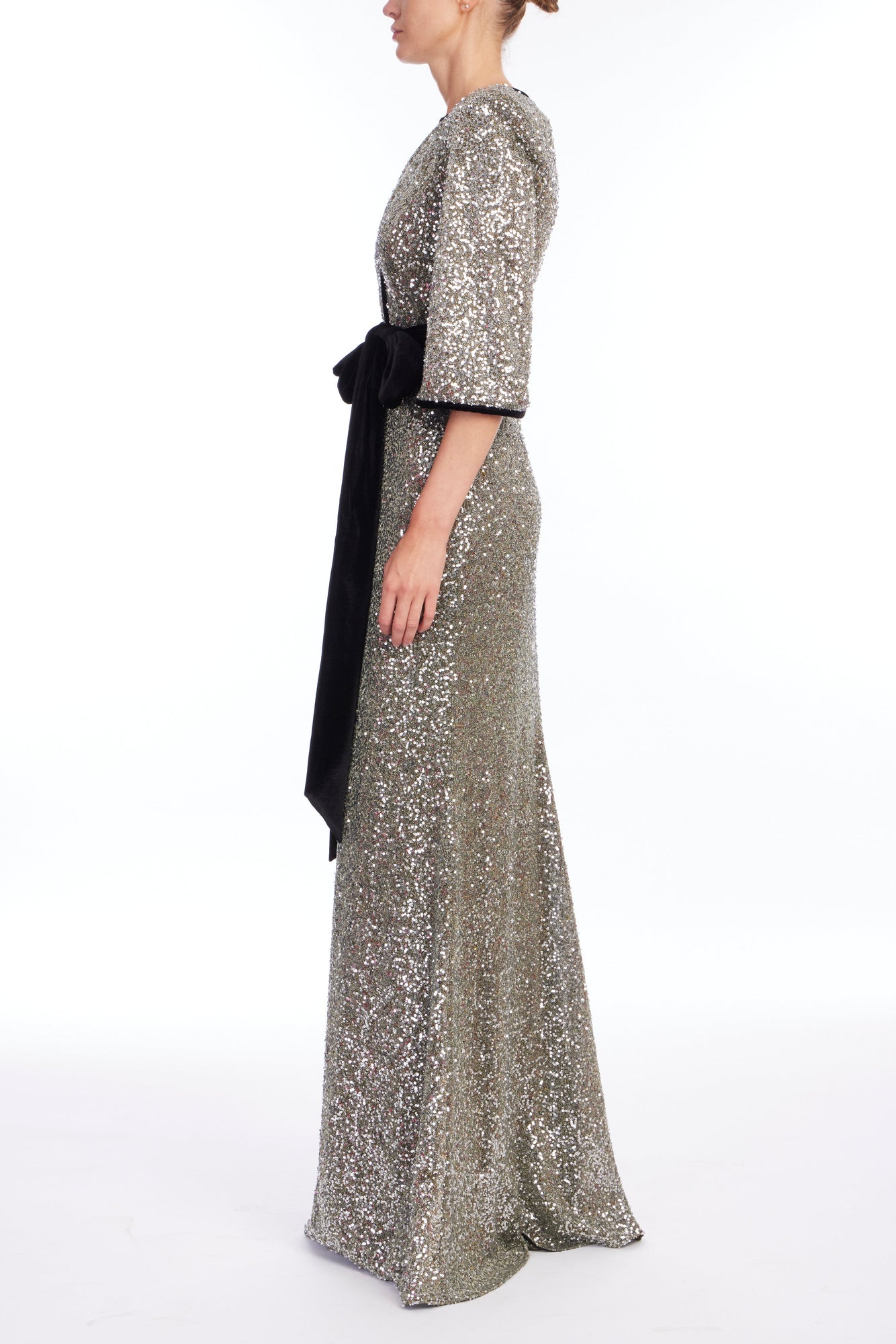Badgley Mischka | Velvet Trim Sequin Gown | Gunmetal