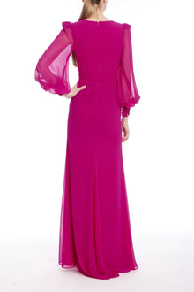 Badgley Mischka | Long Sleeve Faux Wrap Maxi Dress | Fuchsia