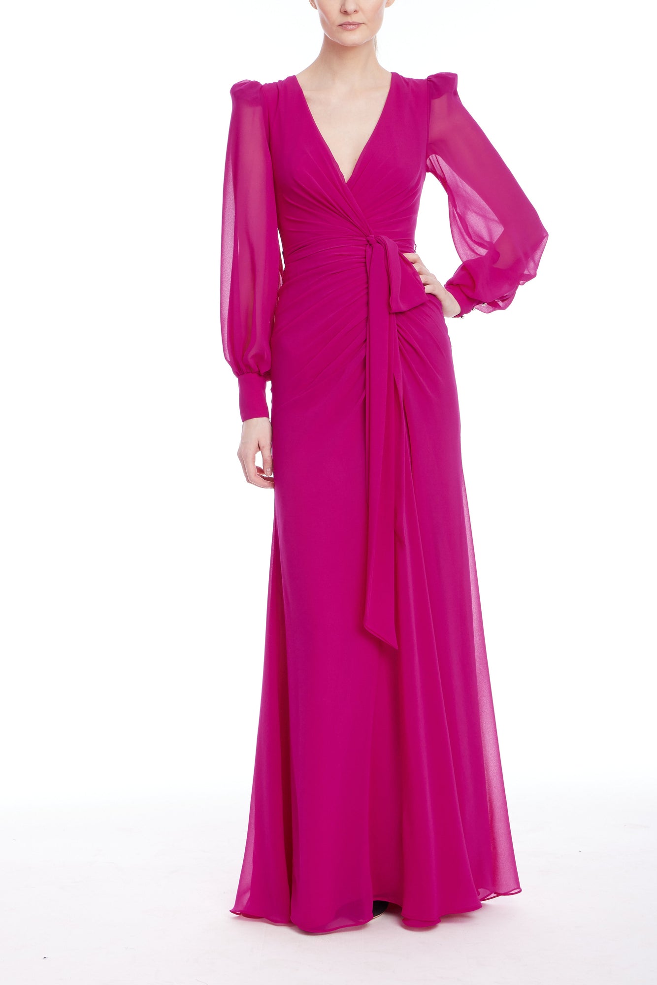 Badgley Mischka | Long Sleeve Faux Wrap Maxi Dress | Fuchsia