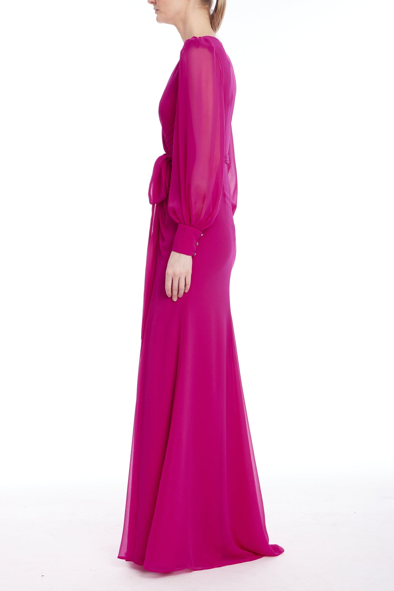 Badgley Mischka | Long Sleeve Faux Wrap Maxi Dress | Fuchsia