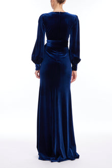 Badgley Mischka | Navy Velvet Drape Gown with Puffed Sleeves | Navy