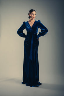 Badgley Mischka | Navy Velvet Drape Gown with Puffed Sleeves | Navy