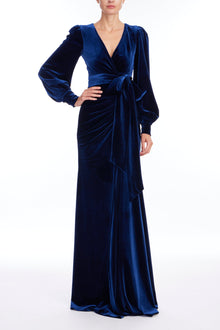 Badgley Mischka | Navy Velvet Drape Gown with Puffed Sleeves | Navy