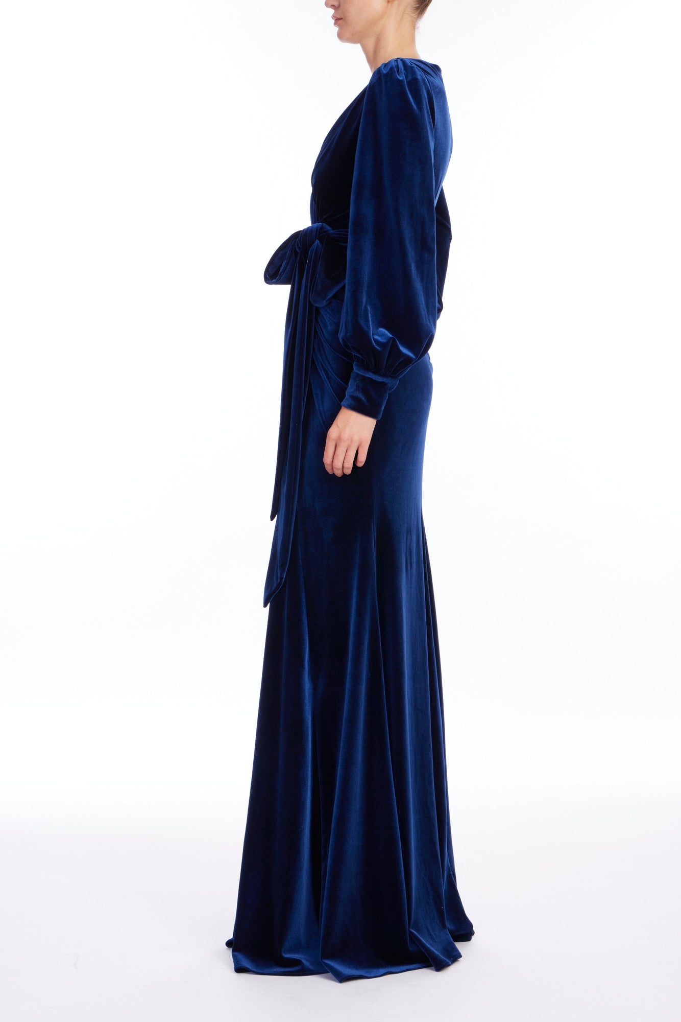 Badgley Mischka | Navy Velvet Drape Gown with Puffed Sleeves | Navy