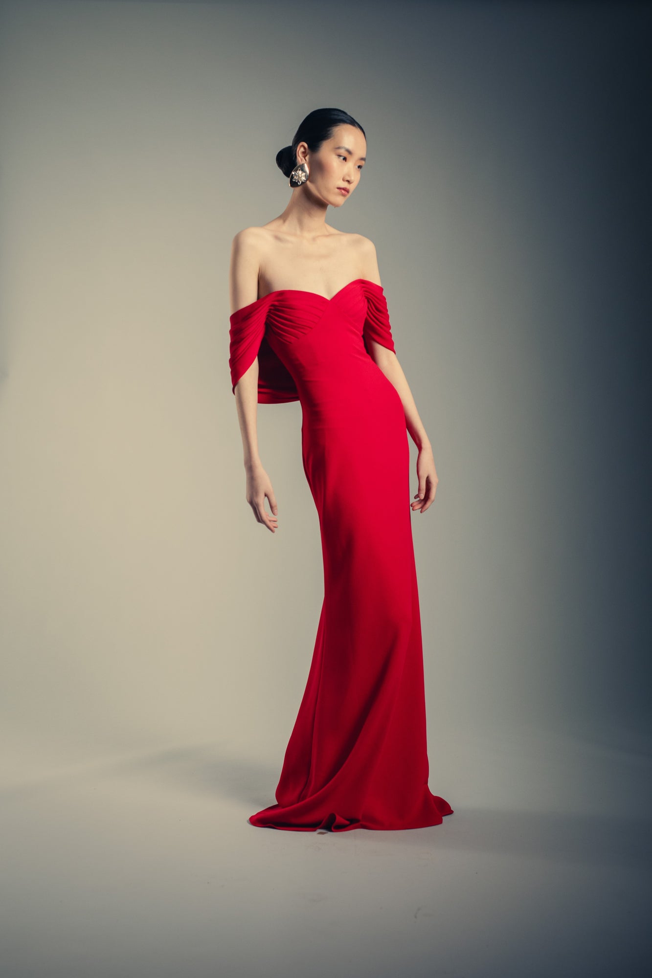 Badgley Mischka | Off Shoulder Pleated Gown | Red
