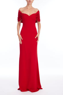Badgley Mischka | Off Shoulder Pleated Gown | Red