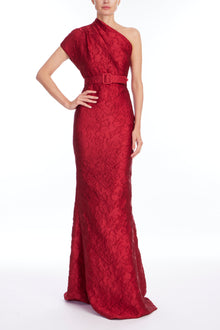 Badgley Mischka | One Shoulder Jacquard Gown | Ruby
