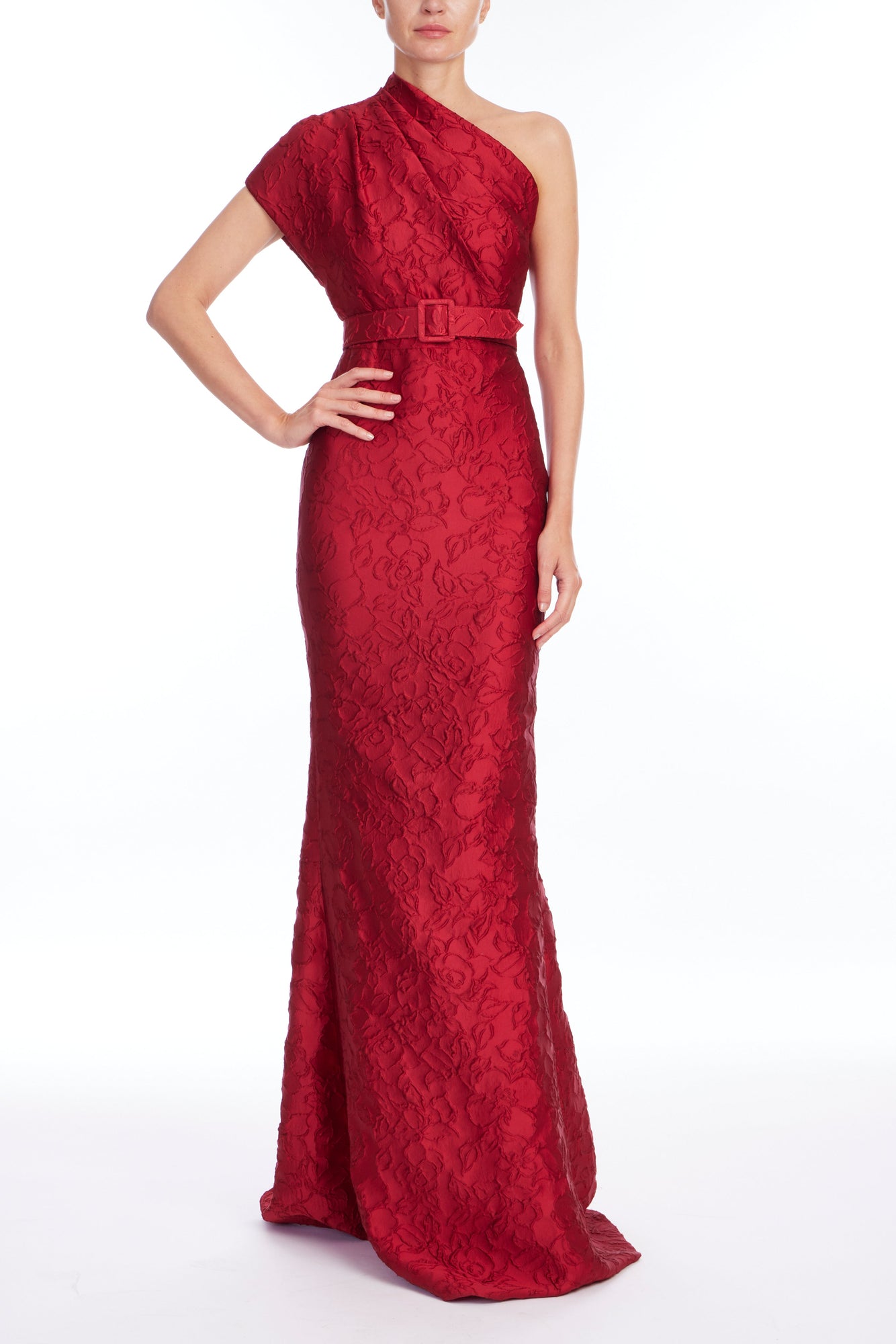 Badgley Mischka | One Shoulder Jacquard Gown | Ruby