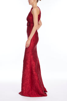 Badgley Mischka | One Shoulder Jacquard Gown | Ruby