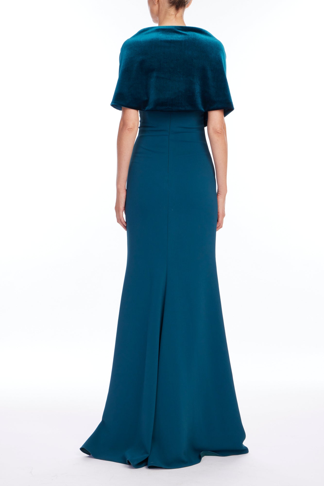 Badgley Mischka | Teal Velvet & Crepe Cowl Neck Column Gown | Teal